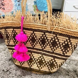 Woven Straw Tote with Pink Tassels